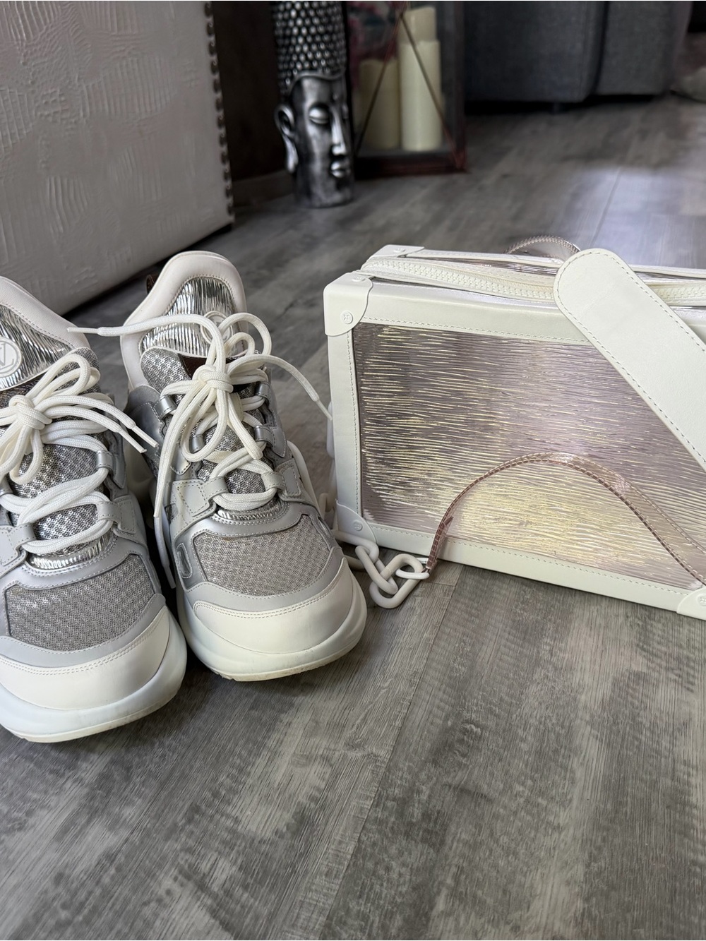 Louis Vuitton White and Silver Sneakers with White and Iridescent Box Bag